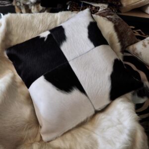 A Beautiful Black and White 50cm square, 4 patch double-sided Premium Brazilian Cowhide Cushion Cover