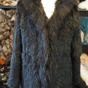 Stunning Jet Black Hooded Rabbit Fur Coat with a Beautiful Tanuki Ruff