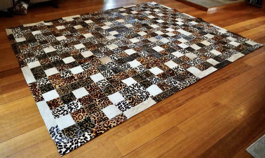 A Bold & Striking Design - A Wonderful Leopard Print Patchwork Cowhide Rug