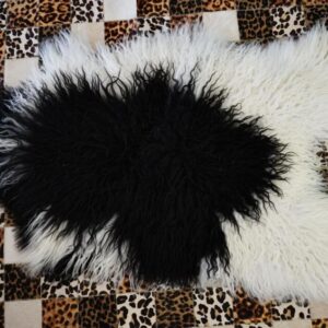 Stunning Naturally Curly Long Wool Black & White Icelandic Sheepskin Rug