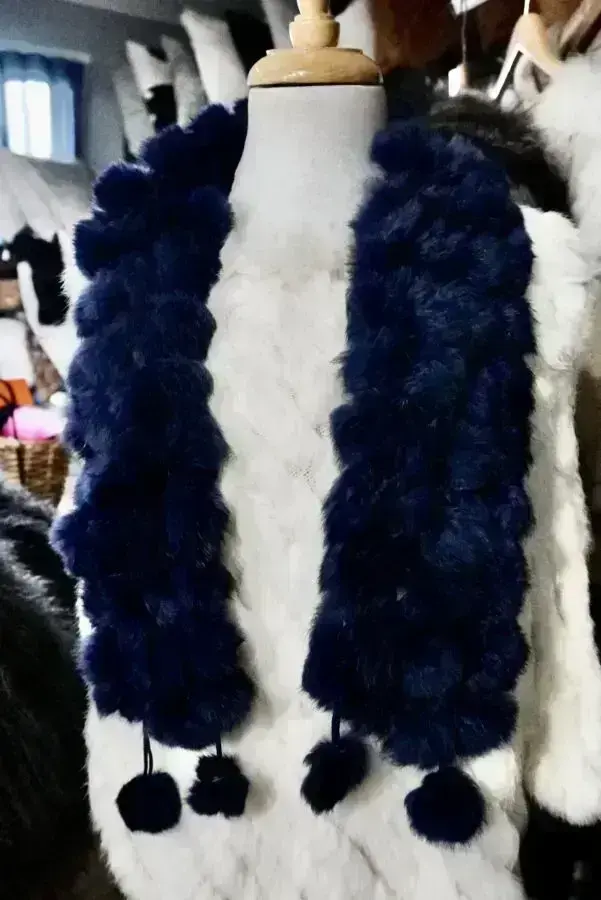 Classic Navy Blue -A A Timeless Rabbit Fur Pom Pom Scarf
