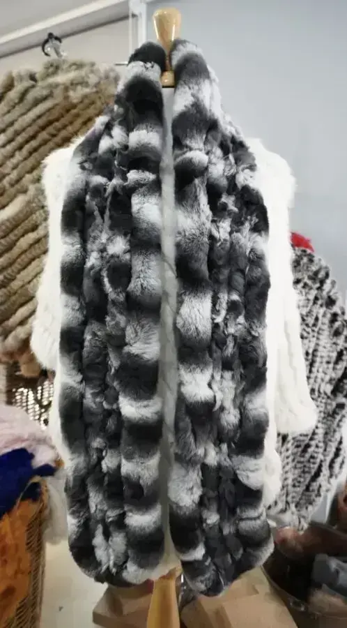 Beautiful in Black & Grey Tones - An Extra Long, Extra Soft & Extra Thick Rex Rabbit Fur Scarf