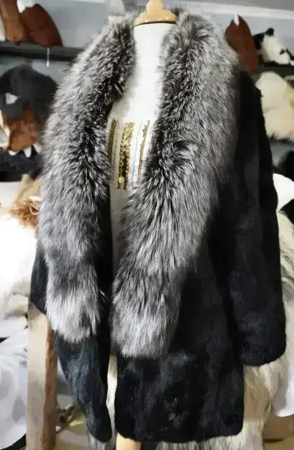 A Timeless Jet Black Rabbit Fur Coat with the most Amazing Fox Fur Trim